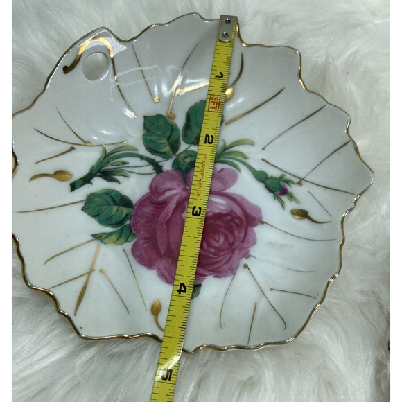 Vintage Trinket Dish Victorian Leaf Shaped Pink Roses With Gilded Trim Set Of 2 - Picture 8 of 8